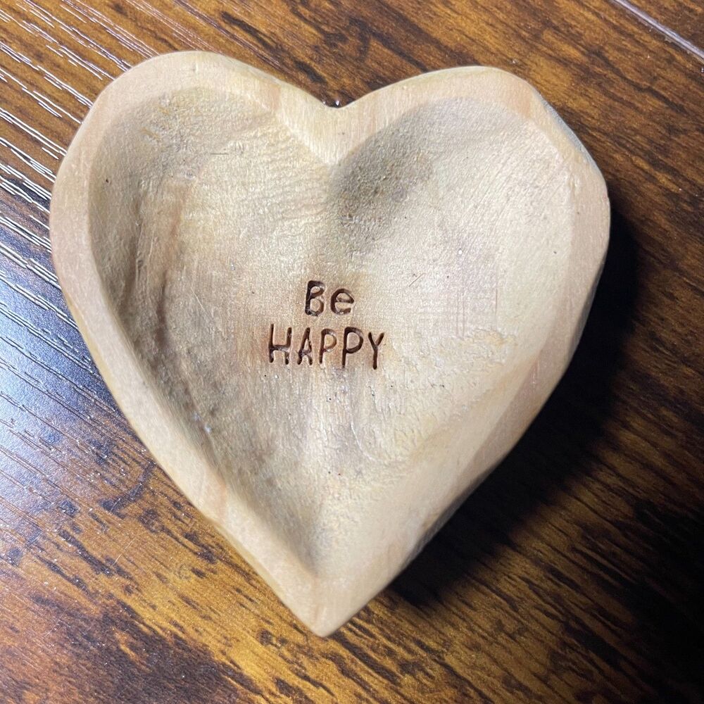 Hand Carved Wooden Heart Trinket Dish "Be Happy" Rustic Jewelry Catchall Bowl